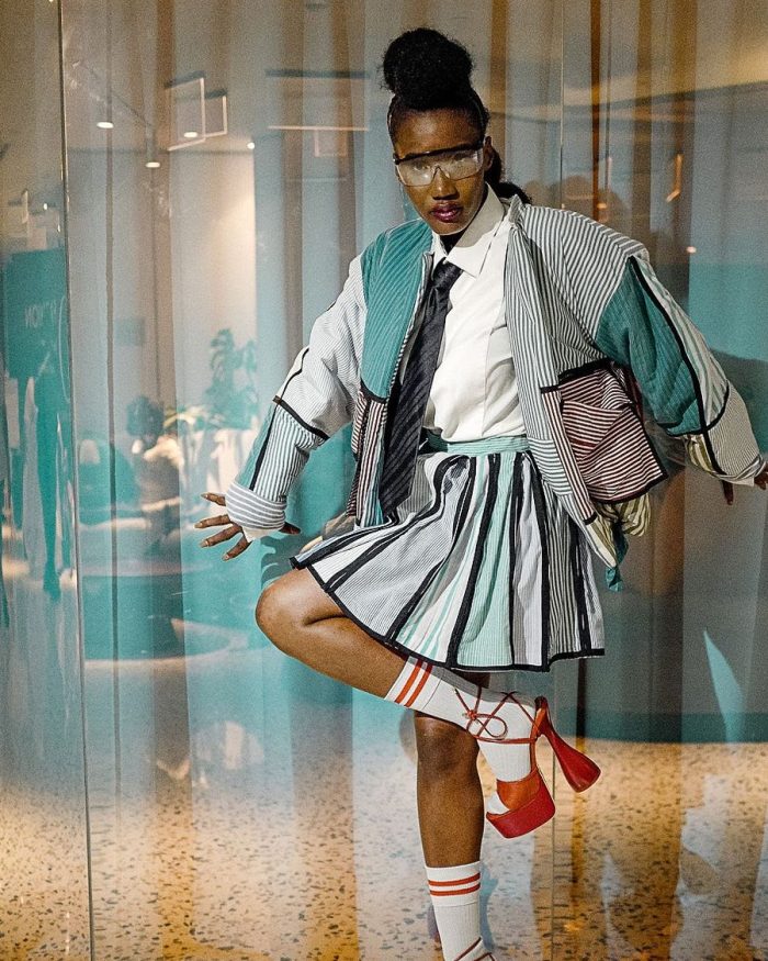 African Bauhaus, Look 6: Bauhaus Patchwork Jacket & Pleated Skirt