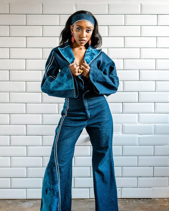 Denim Cinema, Look 4: Bleach Treatment Denim Crop Blazer & Denim Flared Pants
