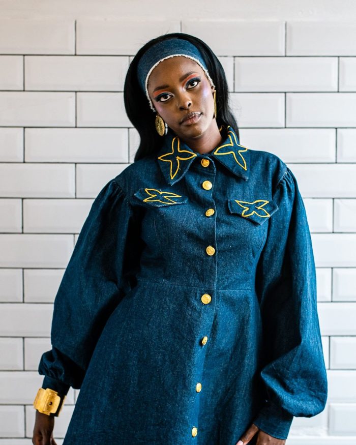 Denim Cinema, Look 7: A Line Gold Embroidered Denim Dress