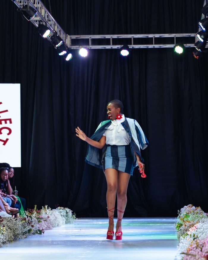Florence, Look 1: Striped Denim Blouse, Skirt & Linen Flowered Collar Shirt